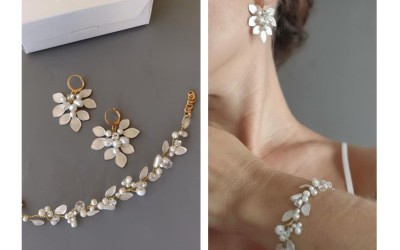 Conjunto Aros y Pulsera de Hojitas Nacaradas con Perlas | Trihada Novias